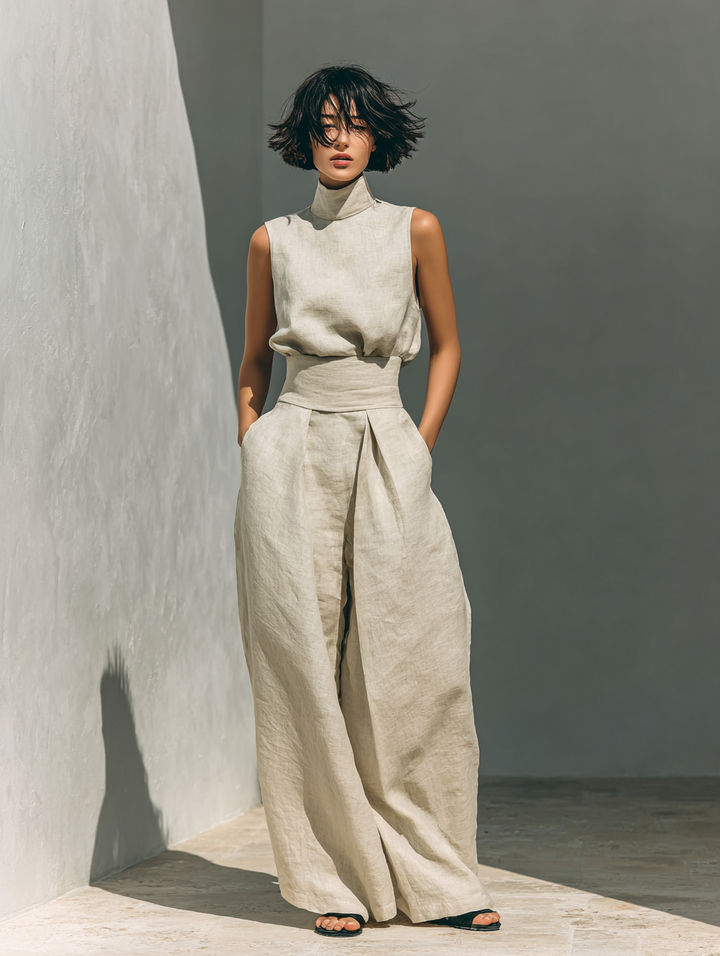 Maria - Minimalistische set met tanktop en wijde katoen-linnen broek voor dames