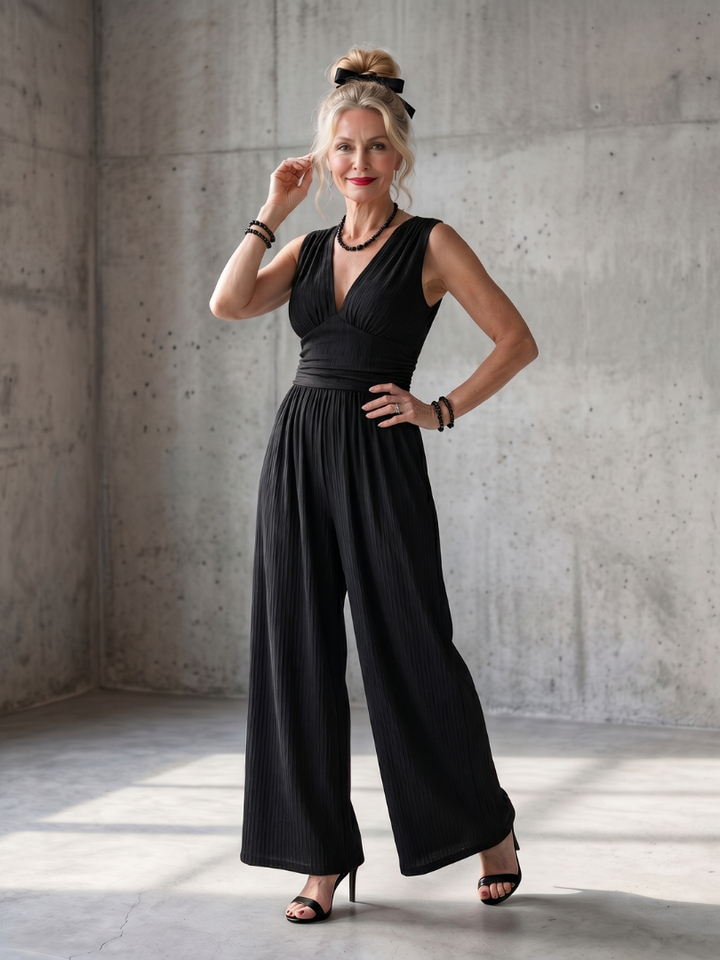 Vincenza - Diepe V Taille Gedefinieerde Wijde Pijpen Jumpsuit