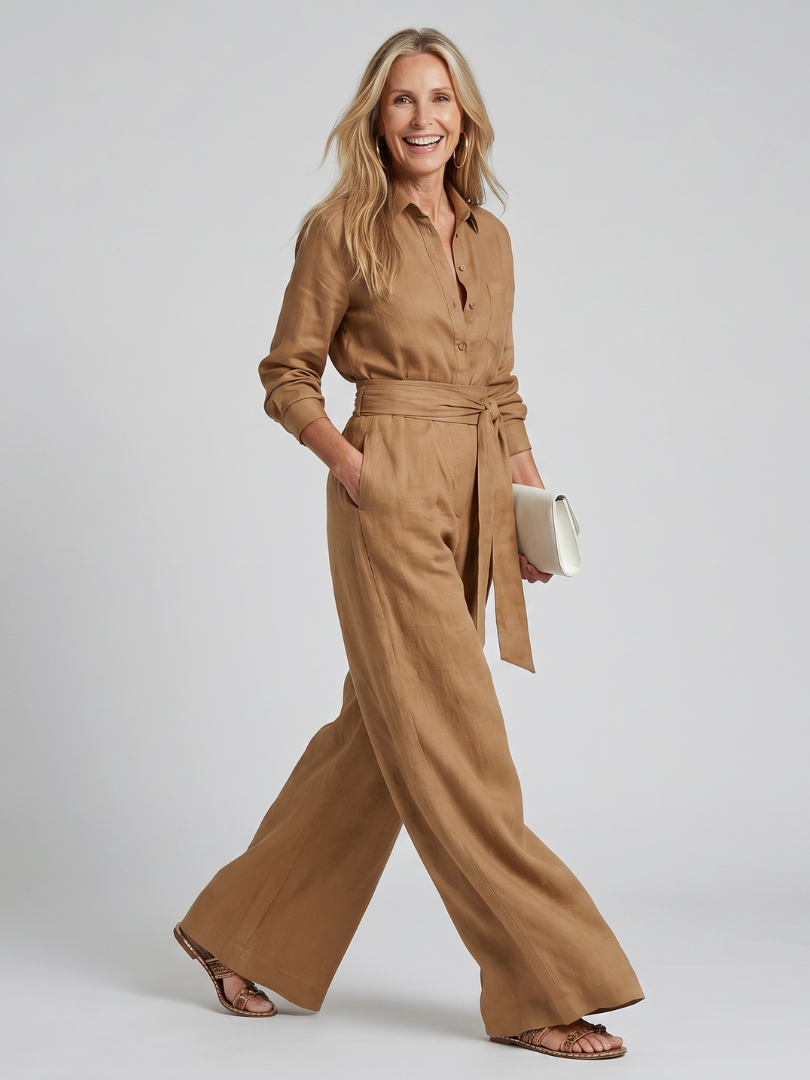 Jovie - Lange Mouw Knop Front Wijde Pijpen Jumpsuit