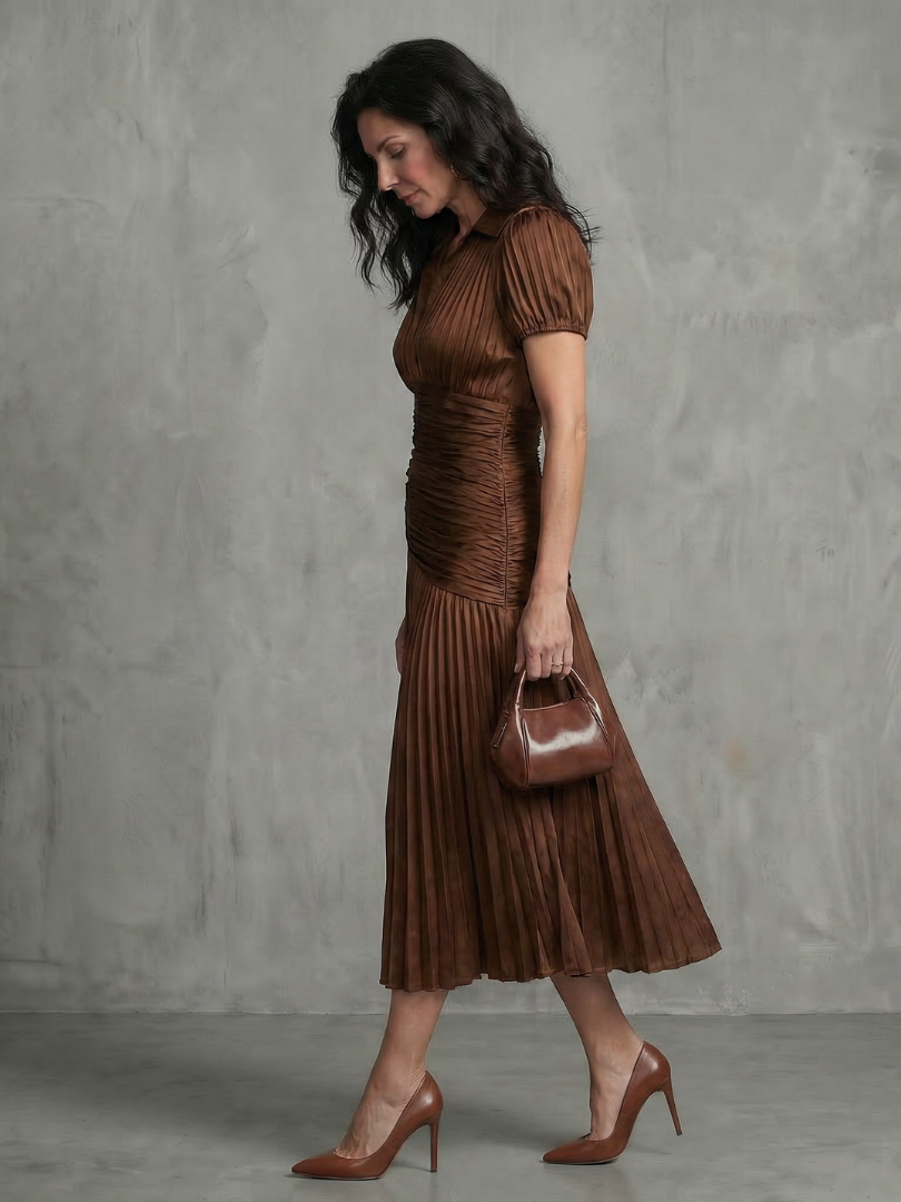 Theodora - Plissé Taille Stripe Midi Jurk