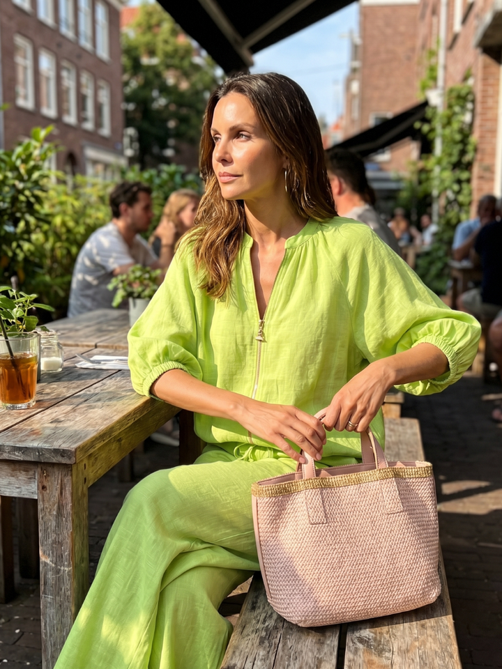 Natalia - Blouson Top met Rits en Brede Pantalon Set