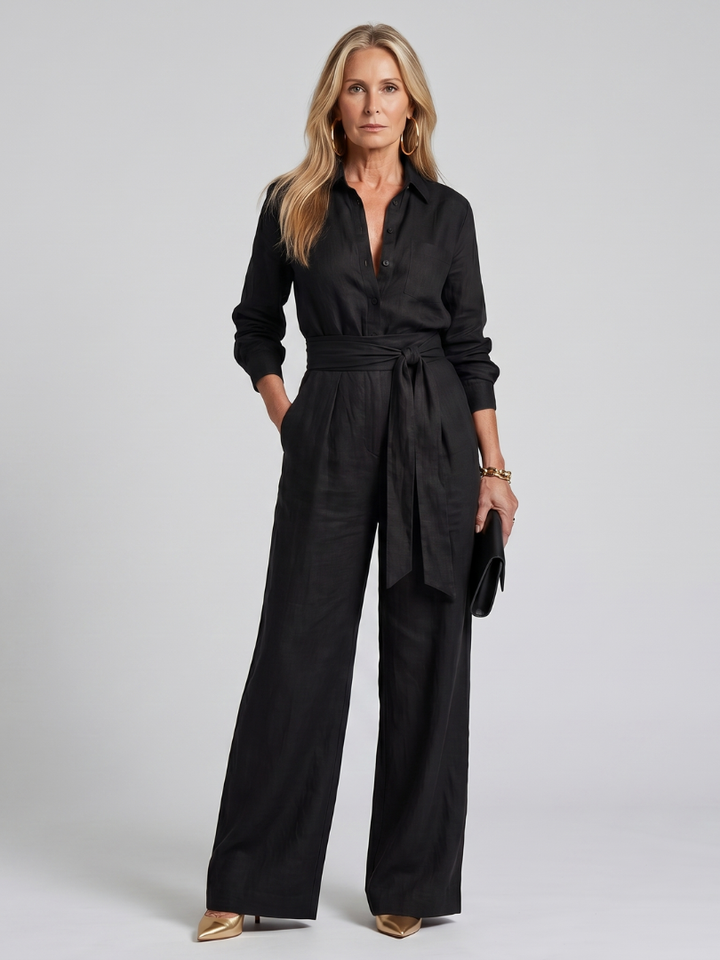 Jovie - Lange Mouw Knop Front Wijde Pijpen Jumpsuit