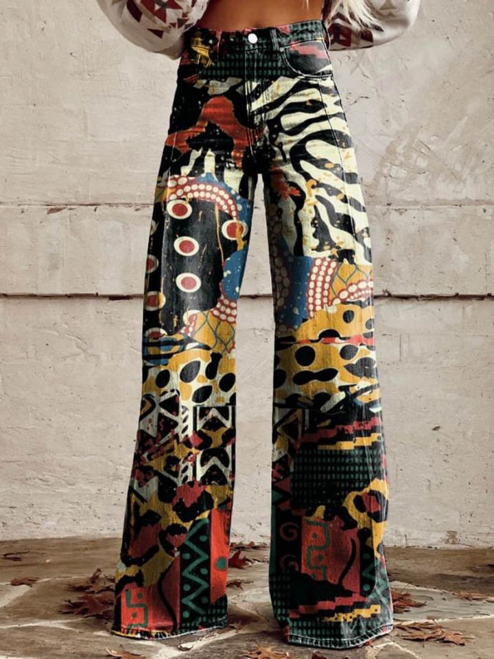 ÉLODIE - Wijde Broek met Elegant en Gedurfd Artistiek Motief