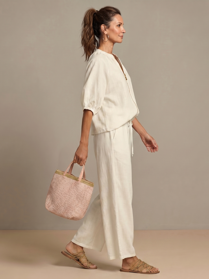 Natalia - Blouson Top met Rits en Brede Pantalon Set