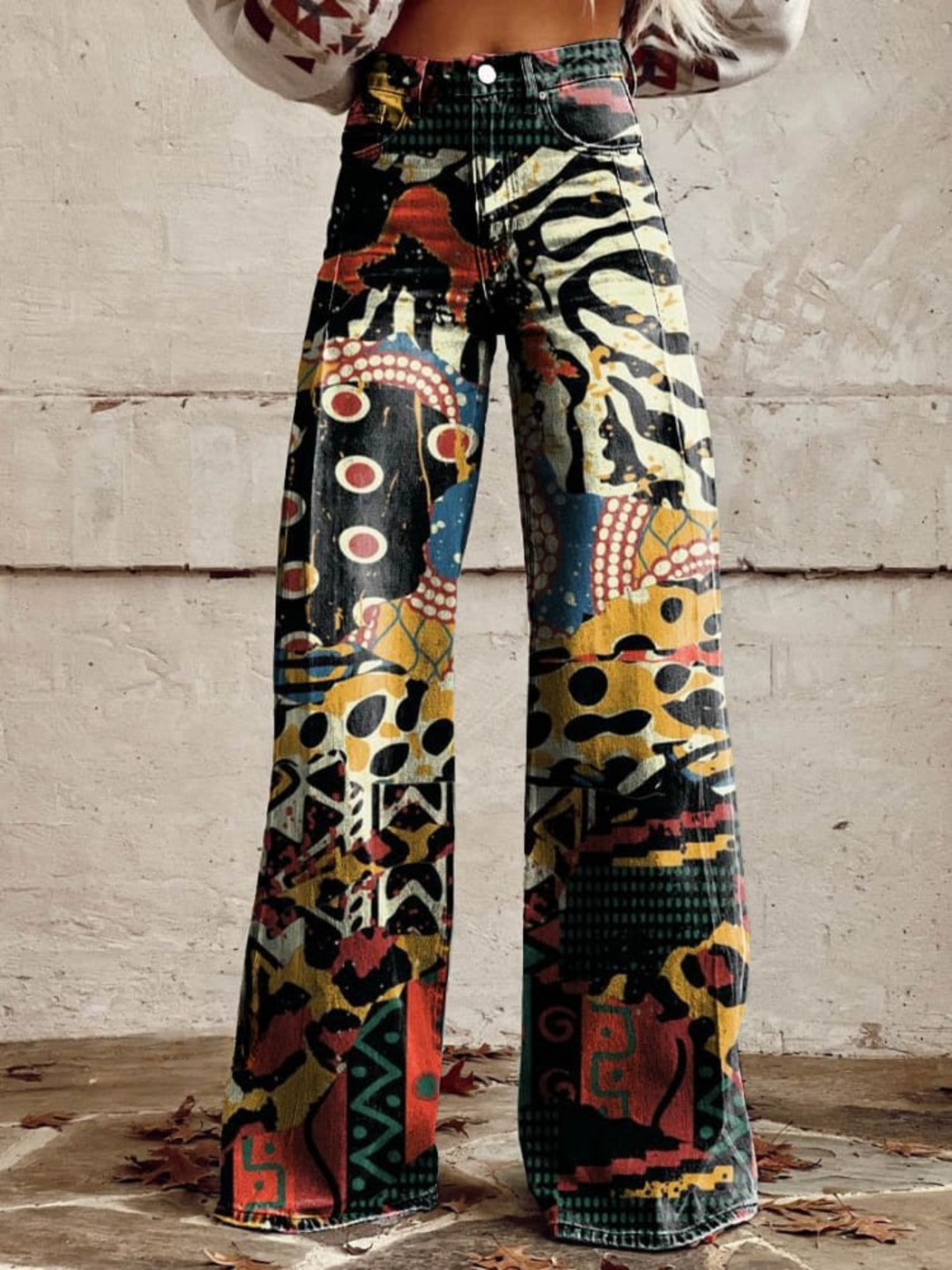 ÉLODIE - Wijde Broek met Elegant en Gedurfd Artistiek Motief