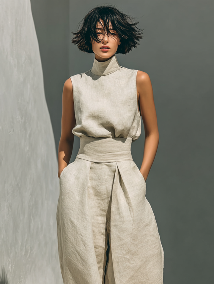Maria - Minimalistische set met tanktop en wijde katoen-linnen broek voor dames