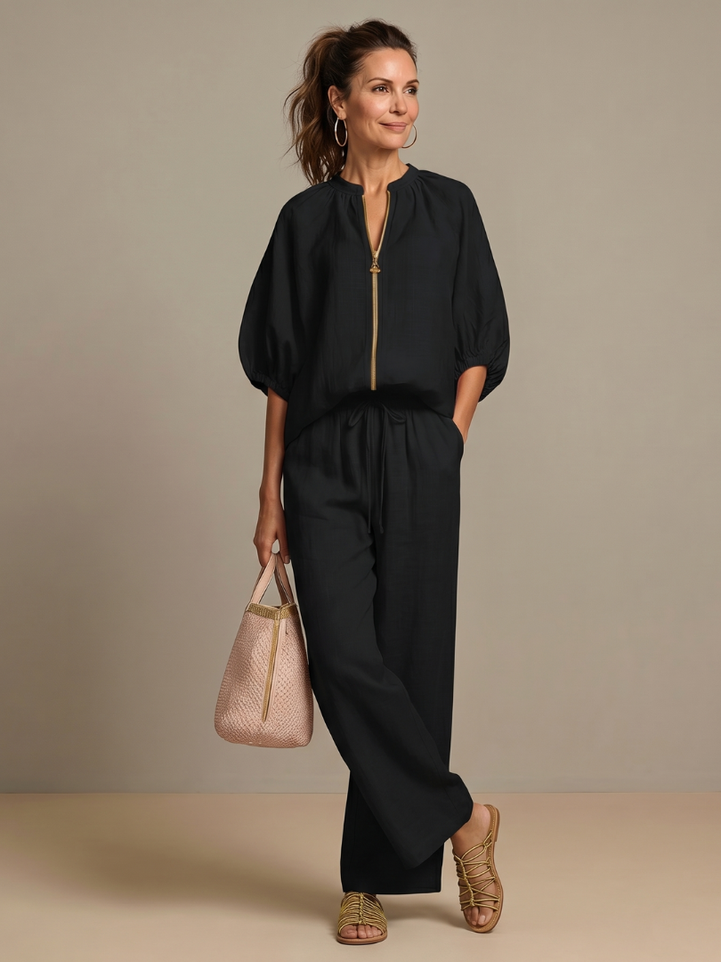 Natalia - Blouson Top met Rits en Brede Pantalon Set