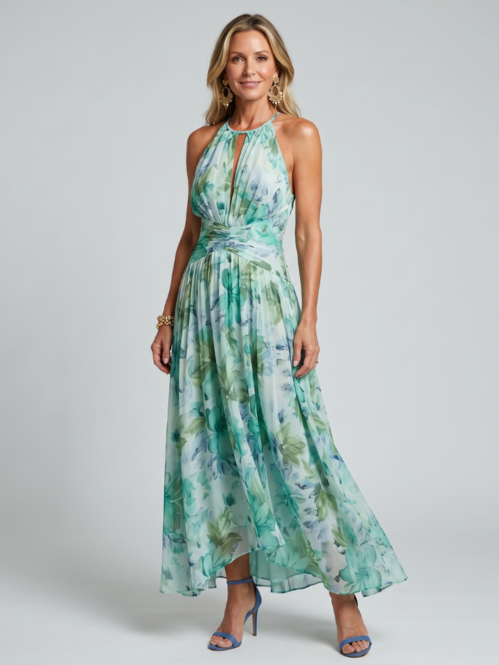 Portia - Geplooide Halter Soft Bloemenpatroon Midi Jurk