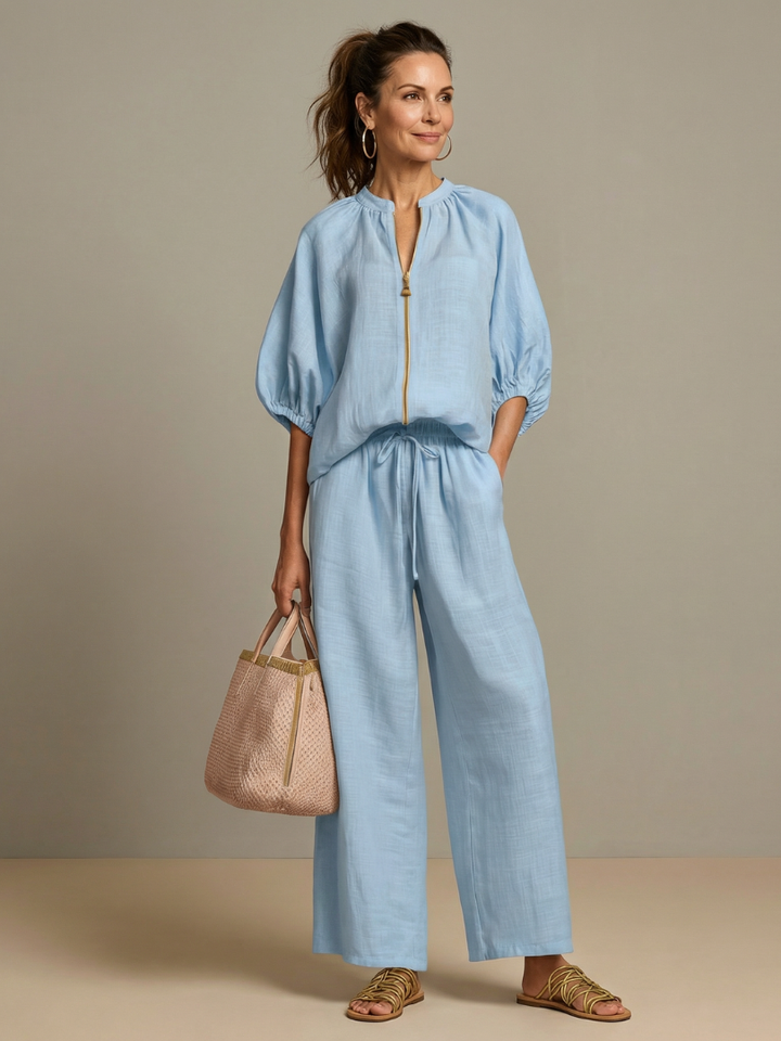 Natalia - Blouson Top met Rits en Brede Pantalon Set