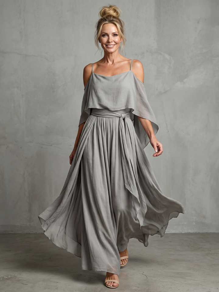 Marisol - Laagjes Drape Koude Schouder Top Brede Pijpen Set