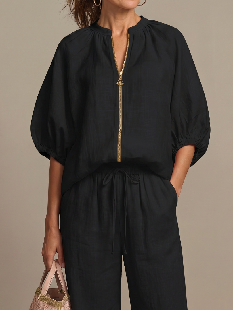 Natalia - Blouson Top met Rits en Brede Pantalon Set