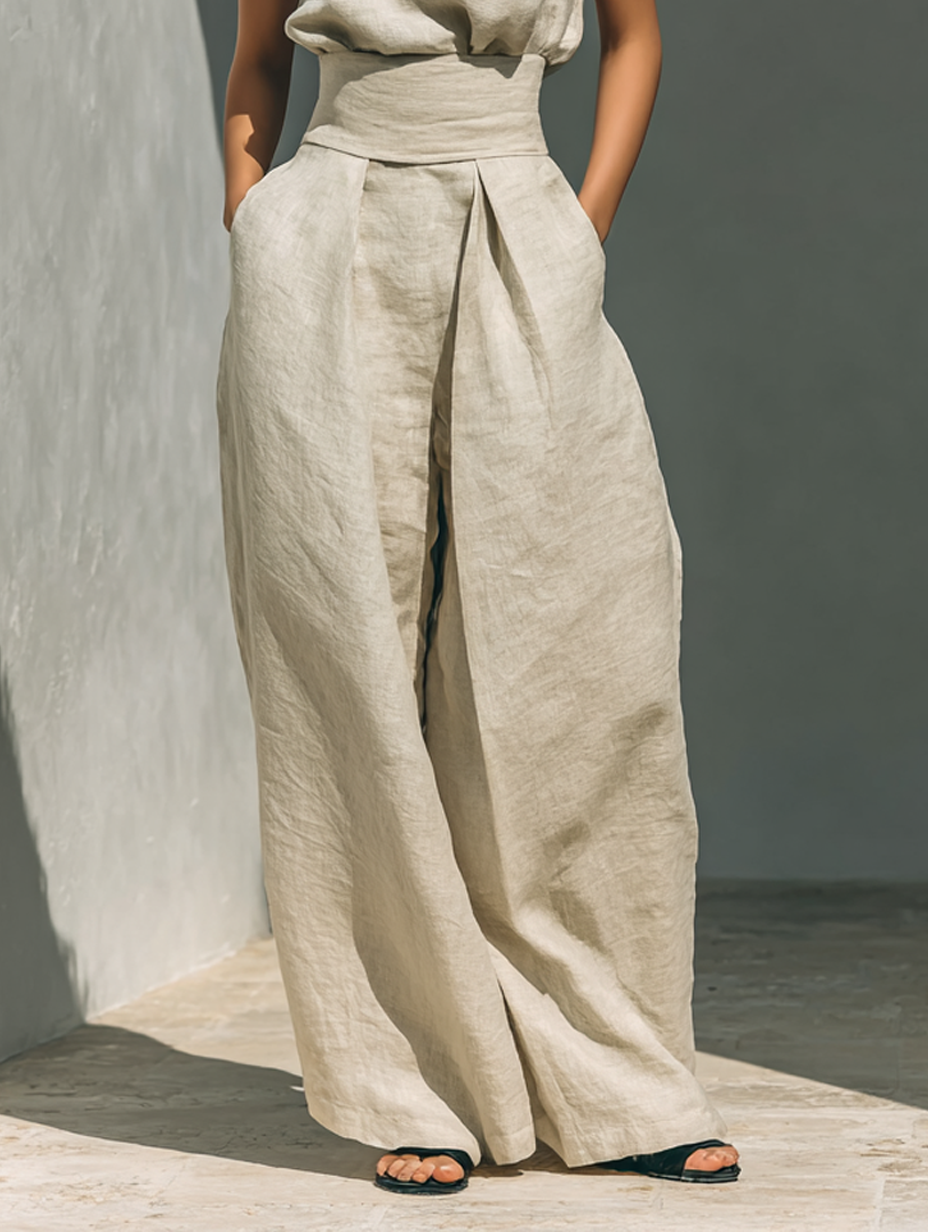 Maria - Minimalistische set met tanktop en wijde katoen-linnen broek voor dames
