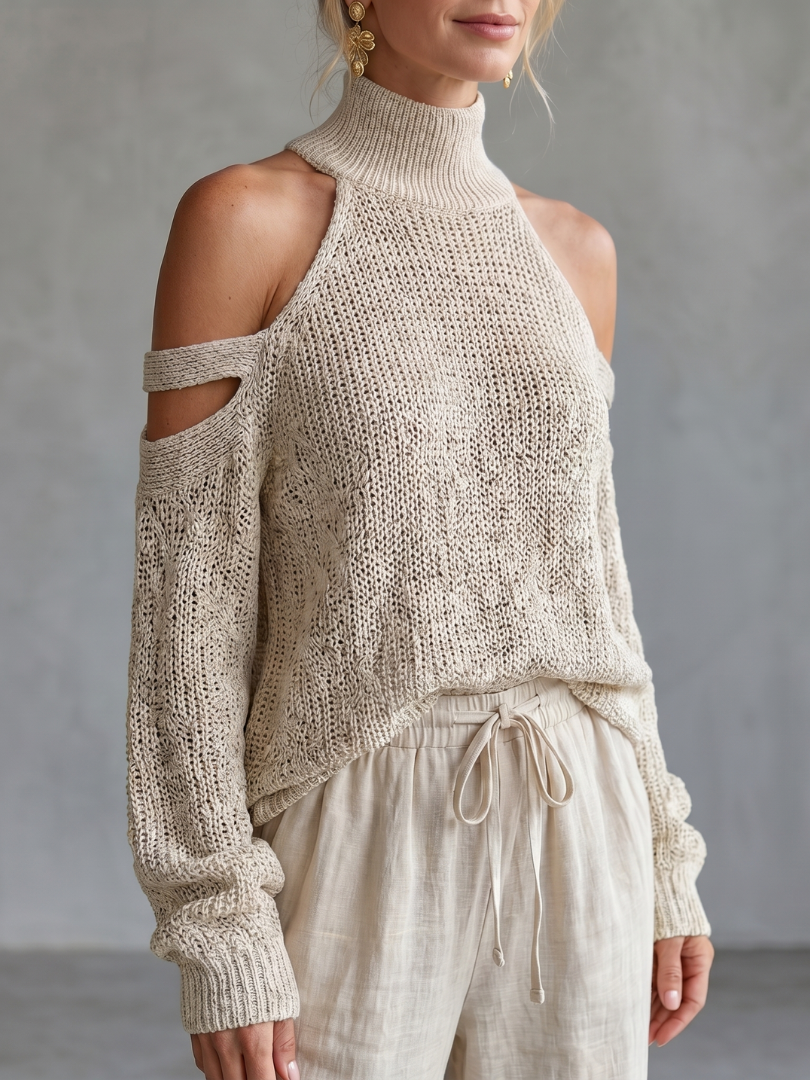 Questa - Open Schouder Gebreide Top en Brede Pantalon Set