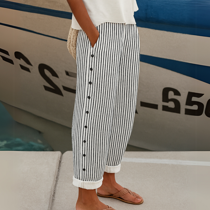 Caitlin - Stijlvolle Gestreepte Broek Met Knopen