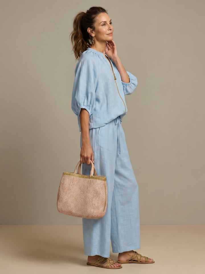 Natalia - Blouson Top met Rits en Brede Pantalon Set