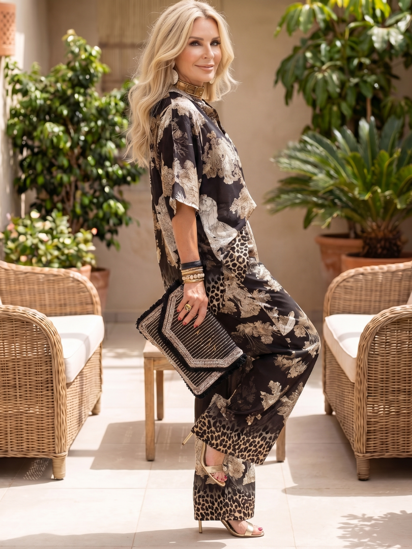 Mina - Geprinte Wijd Been Wrap Top Set