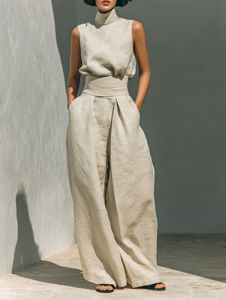 Maria - Minimalistische set met tanktop en wijde katoen-linnen broek voor dames