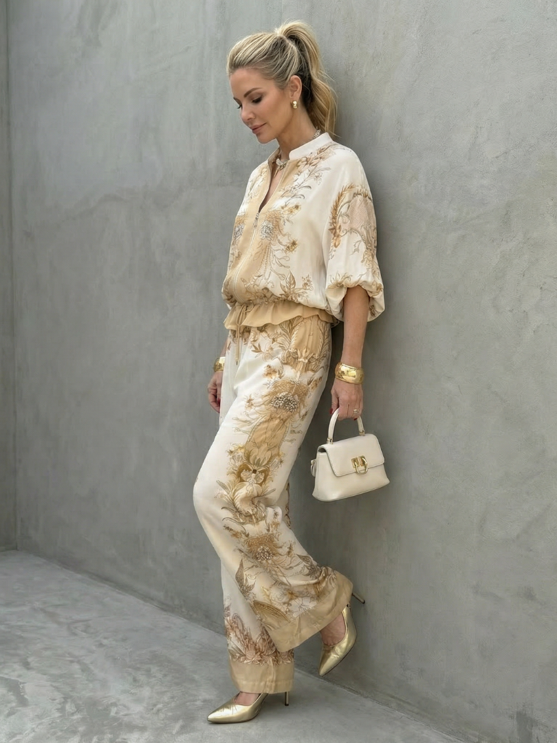 Indie - Zip Voorkant Blouson Top Gedrukt Twee Delige Set