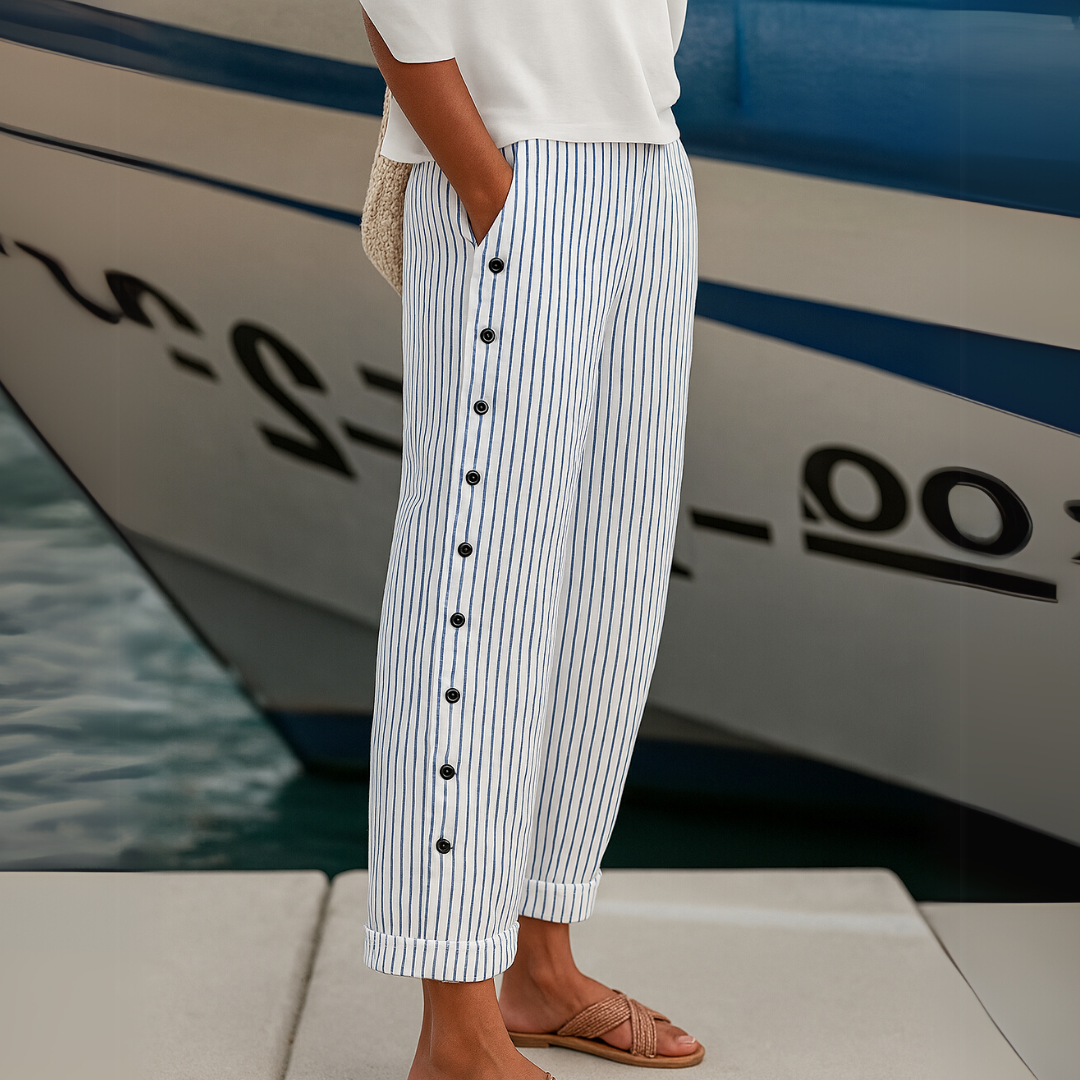 Caitlin - Stijlvolle Gestreepte Broek Met Knopen