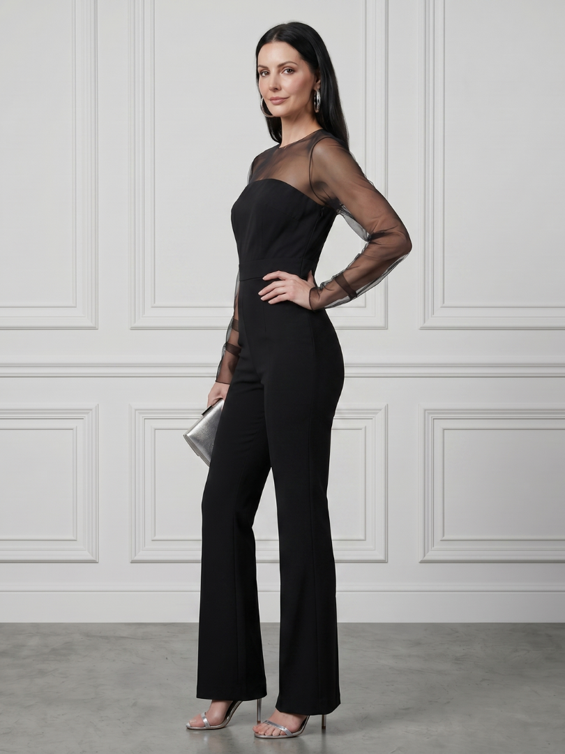 Oksana - Doorzichtig Aansluitend Bodice Uitlopende Pantalon Jumpsuit