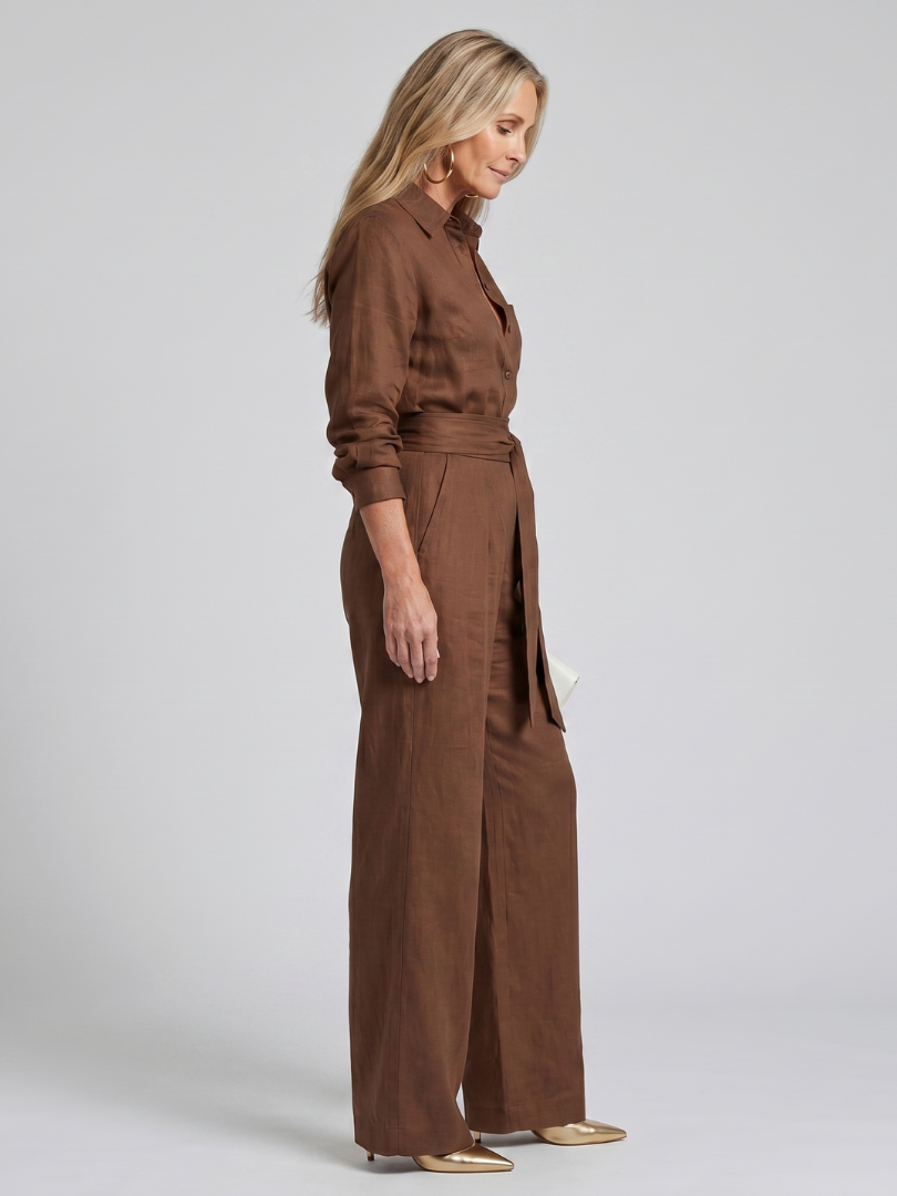 Jovie - Lange Mouw Knop Front Wijde Pijpen Jumpsuit