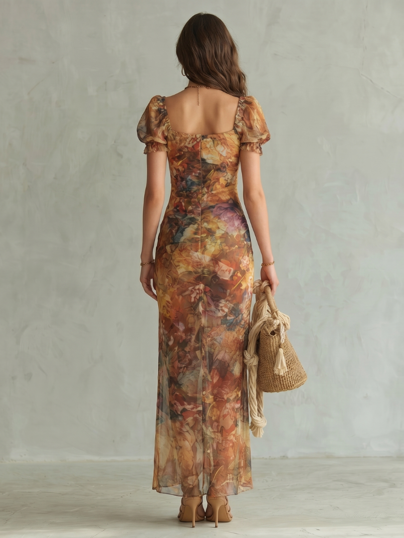 Ciel - Rimpel Mouw Rimpel Split Midi Jurk