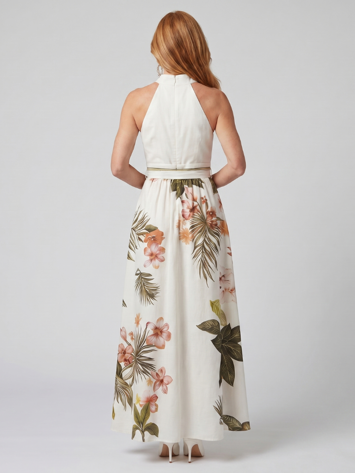 Meadow - Draped Halter Botanical Panel Maxi Dress