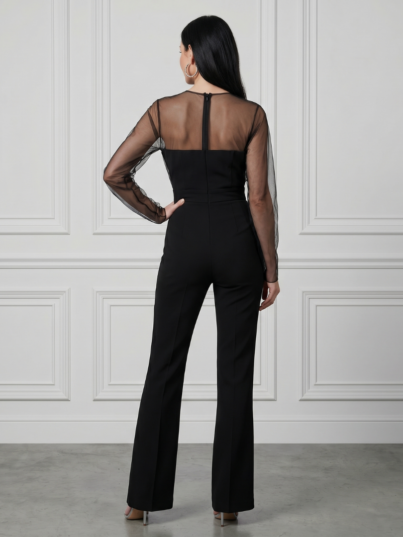 Oksana - Doorzichtig Aansluitend Bodice Uitlopende Pantalon Jumpsuit