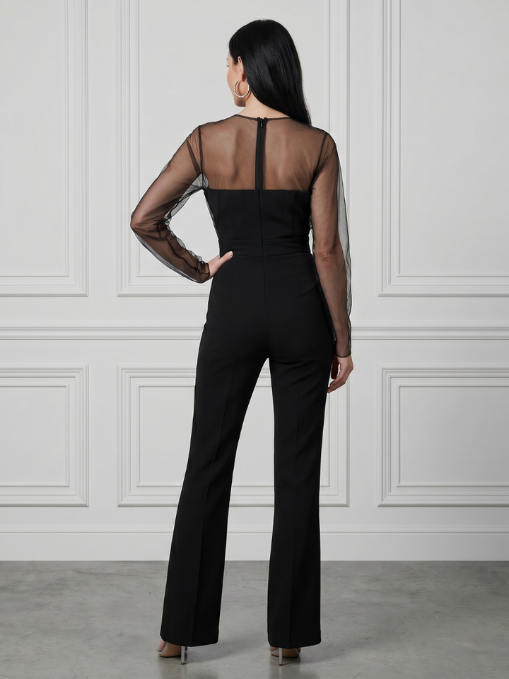 Oksana - Doorzichtig Aansluitend Bodice Uitlopende Pantalon Jumpsuit
