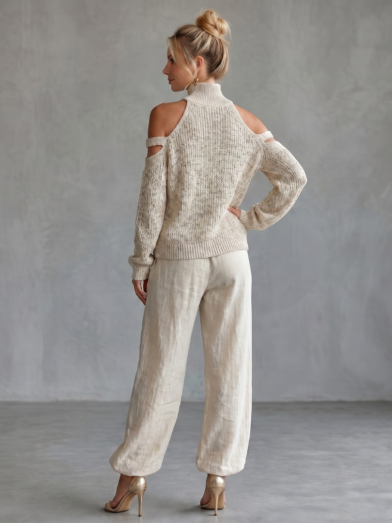 Questa - Open Schouder Gebreide Top en Brede Pantalon Set
