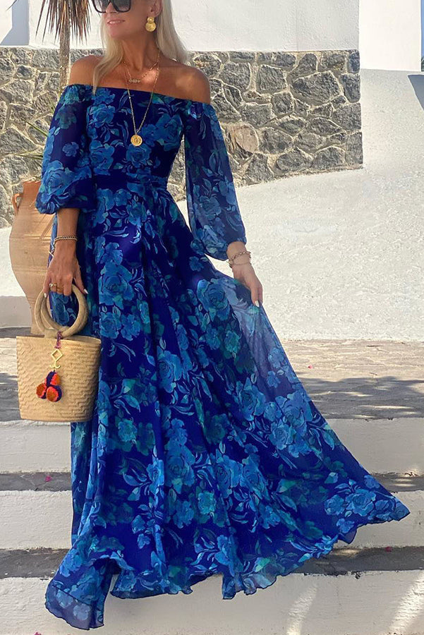 Francesca - Lange Jurk met Bloemmotief en Off The Shoulder Mouwen
