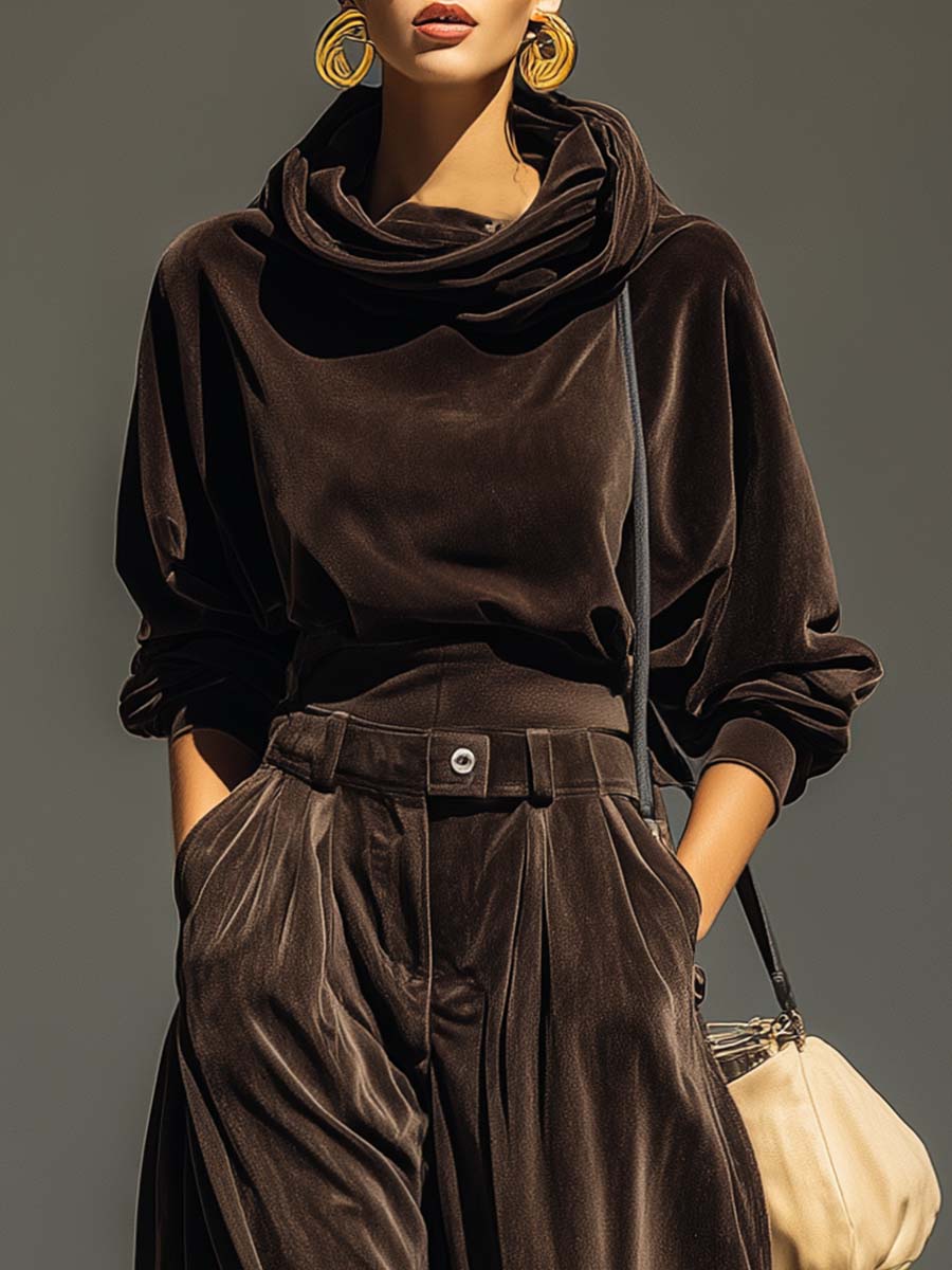 Vintage Bruine Fluwelen Hoodie en Losse Broek Set Inclusief Riem