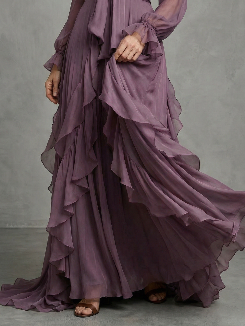 Demetria - Strik Hals Ruffle Gelaagd Maxi Jurk