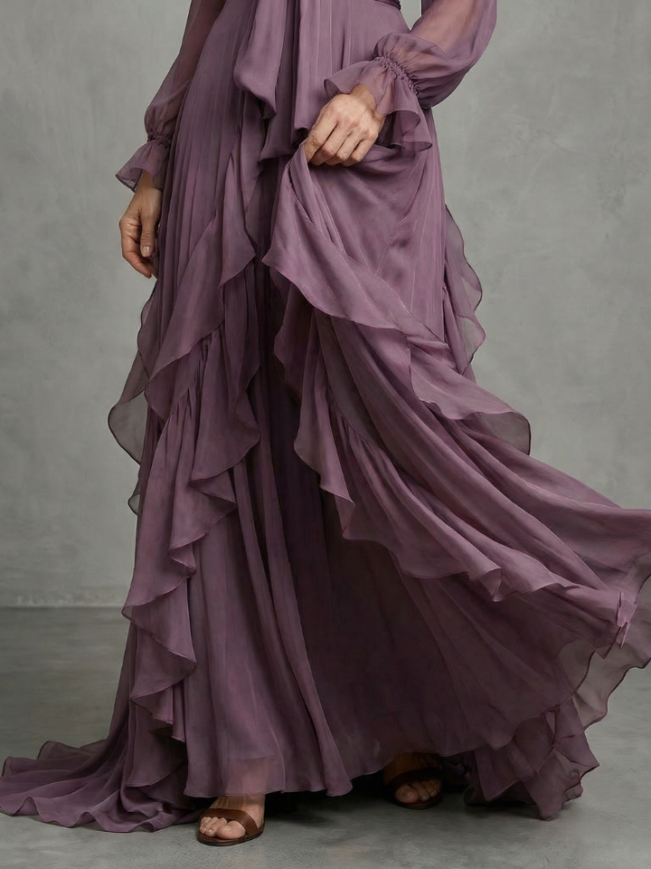 Demetria - Strik Hals Ruffle Gelaagd Maxi Jurk