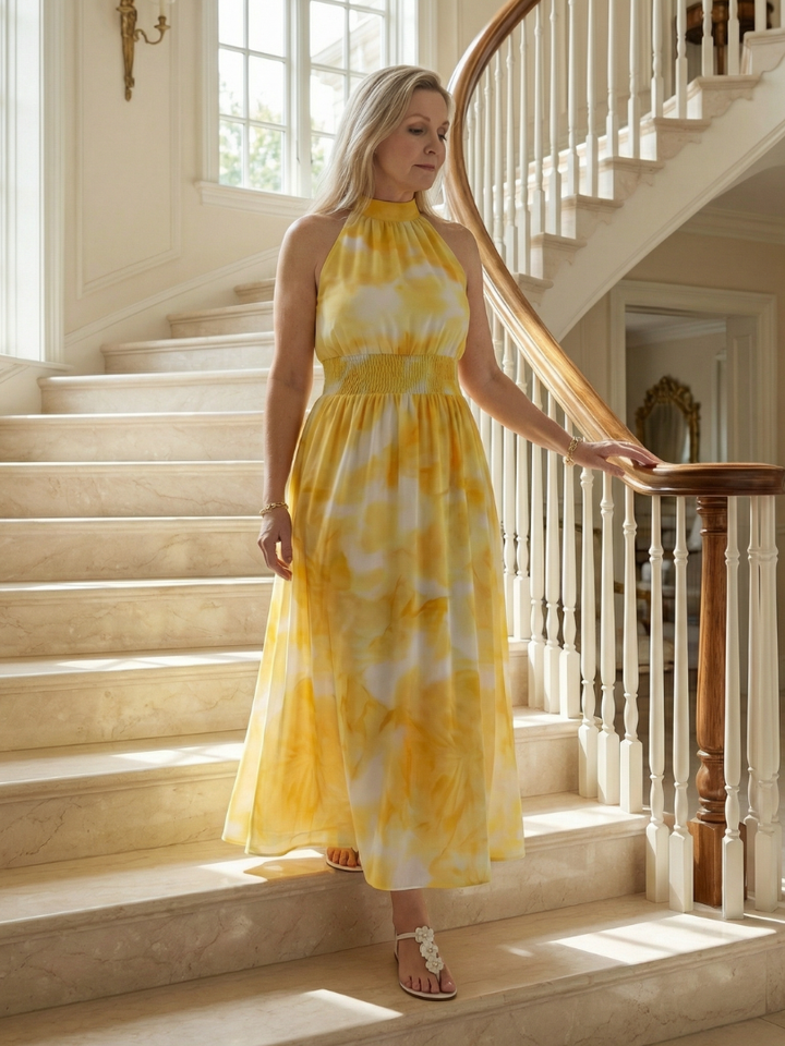 Sylin - Geplooide Halter Midi Jurk