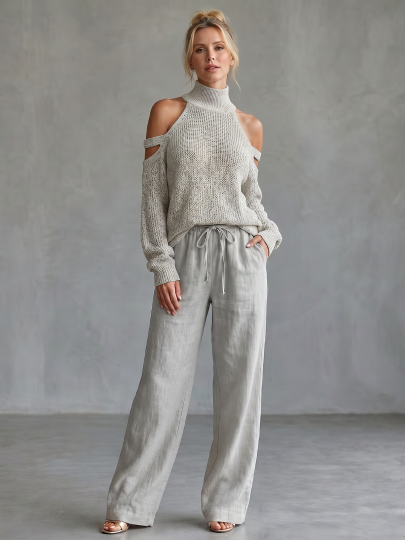 Questa - Open Schouder Gebreide Top en Brede Pantalon Set