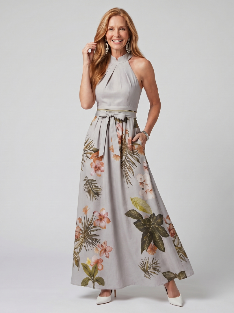 Meadow - Draped Halter Botanical Panel Maxi Dress