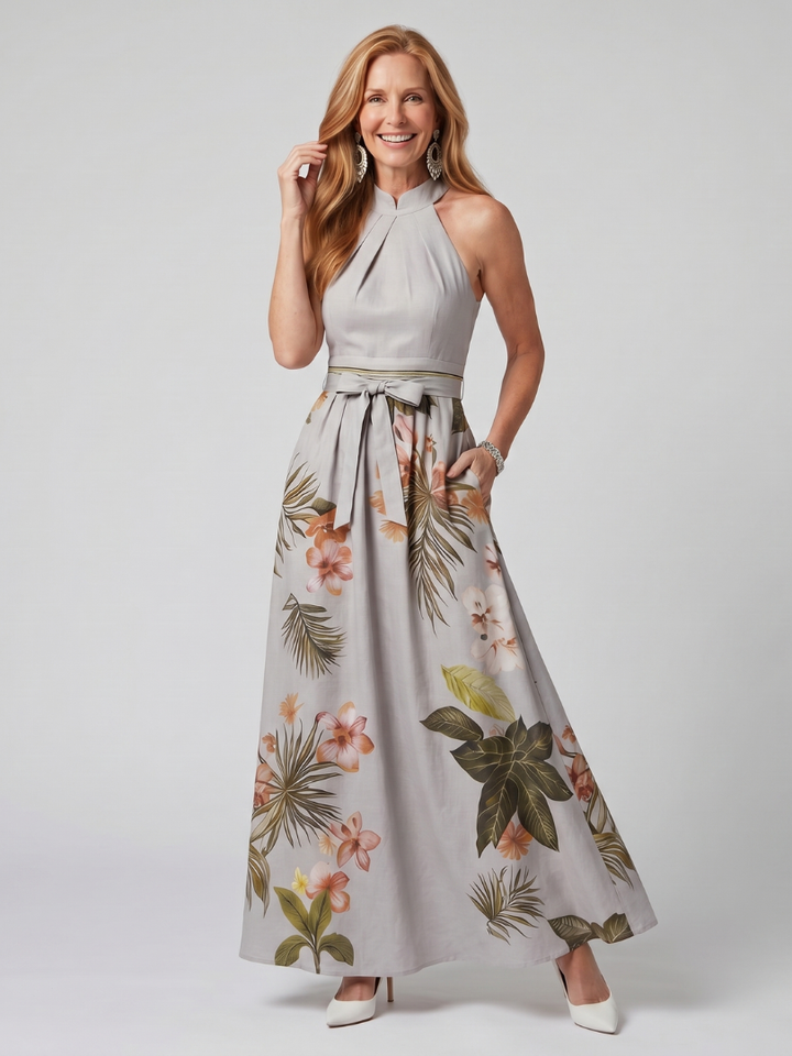 Meadow - Draped Halter Botanical Panel Maxi Dress