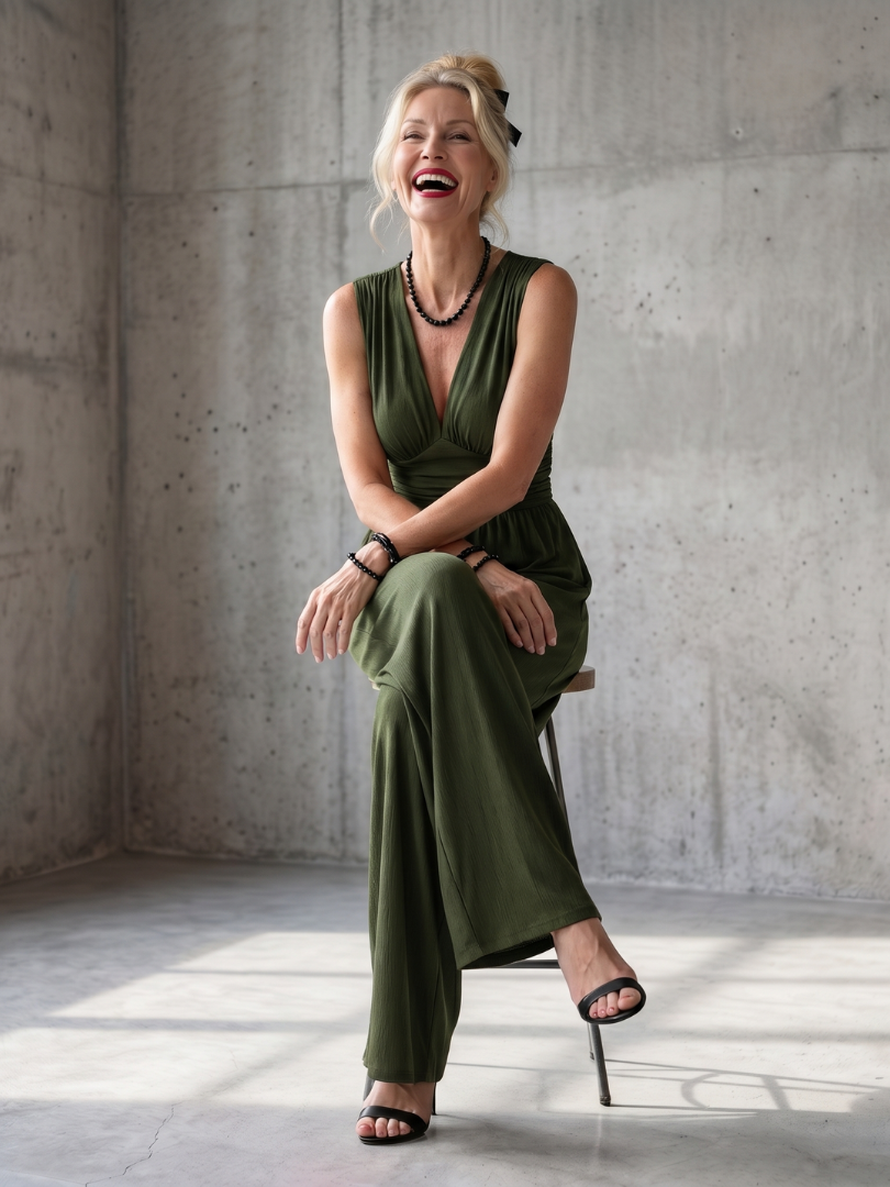 Vincenza - Diepe V Taille Gedefinieerde Wijde Pijpen Jumpsuit