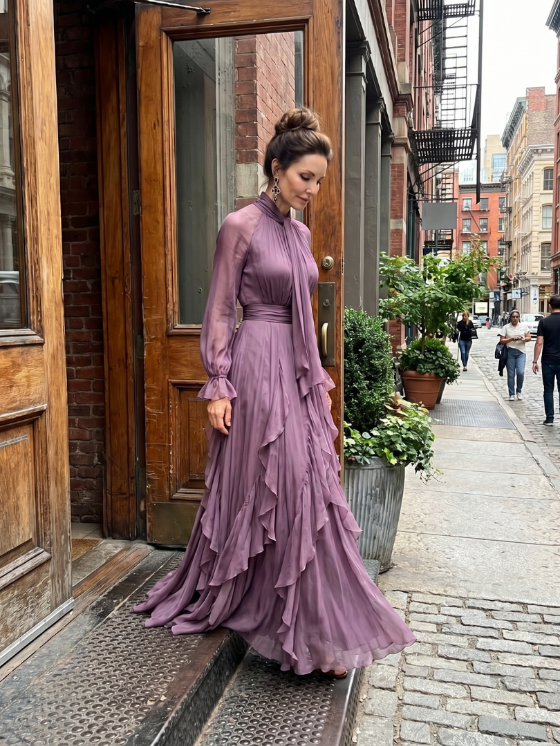 Demetria - Strik Hals Ruffle Gelaagd Maxi Jurk