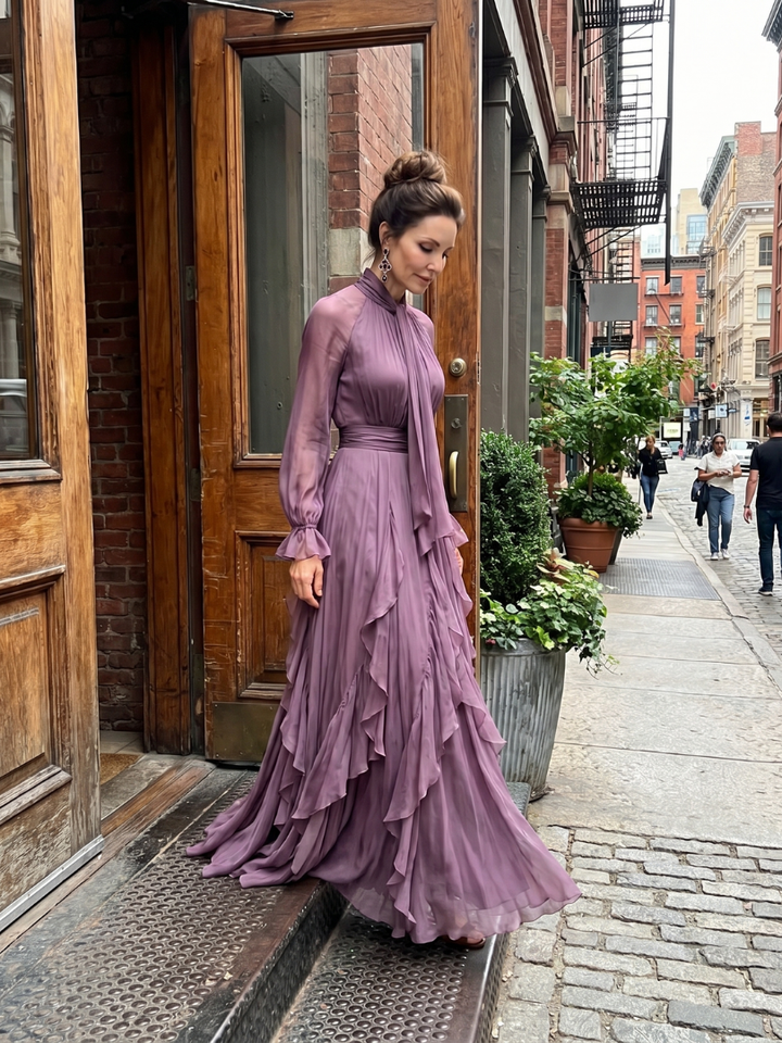 Demetria - Strik Hals Ruffle Gelaagd Maxi Jurk