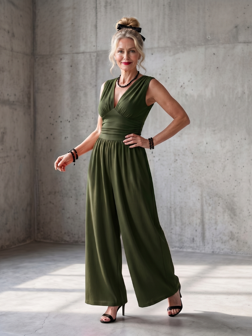 Vincenza - Diepe V Taille Gedefinieerde Wijde Pijpen Jumpsuit