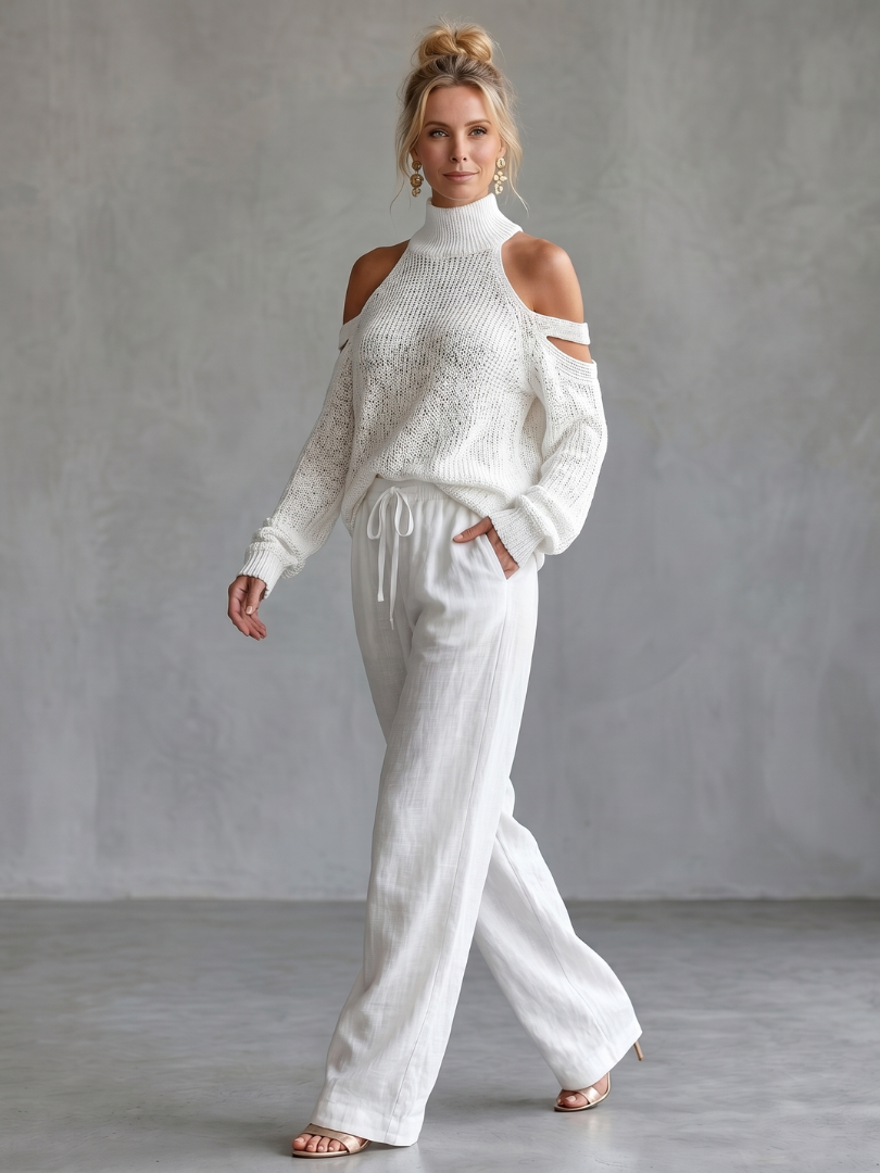 Questa - Open Schouder Gebreide Top en Brede Pantalon Set