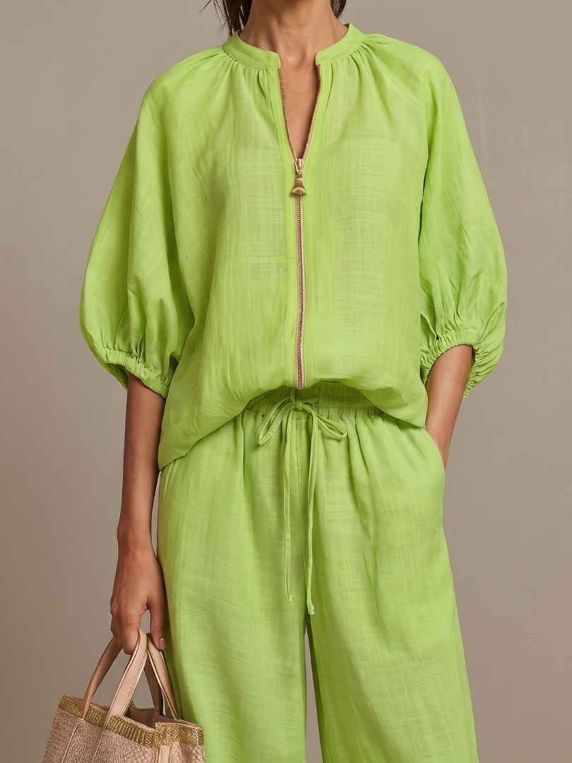 Natalia - Blouson Top met Rits en Brede Pantalon Set