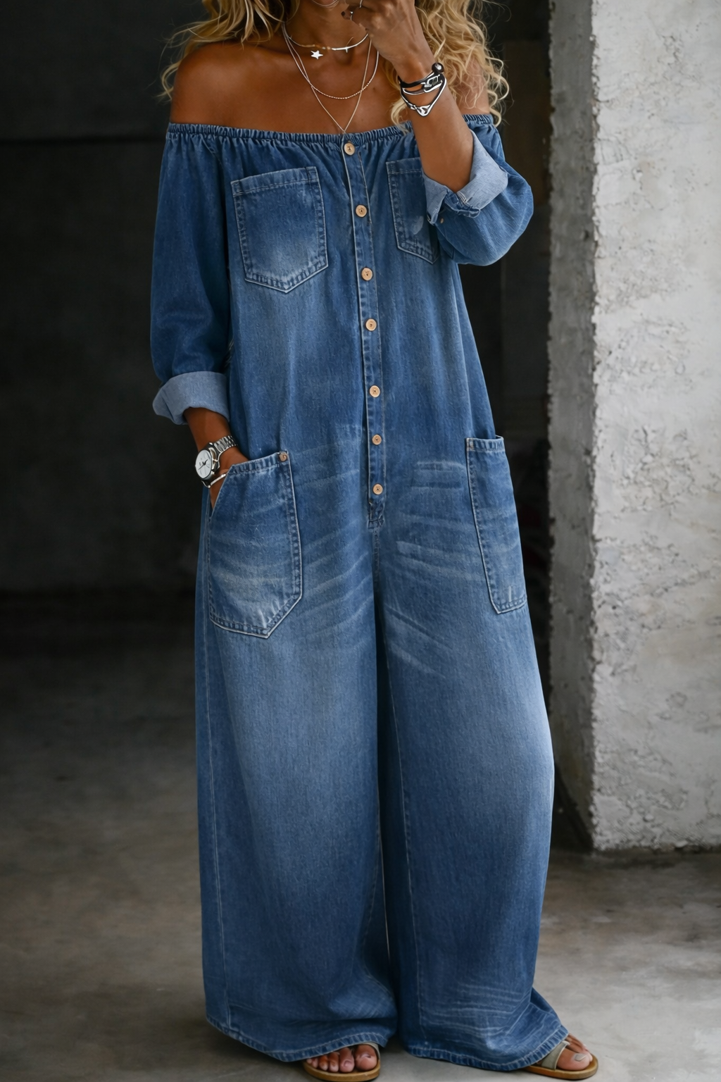 Elena - Off Shoulder Lange Mouwen Jumpsuit