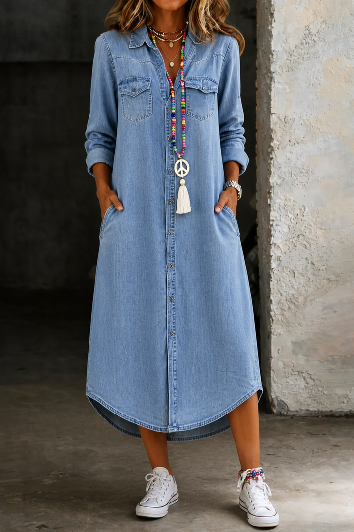 Helen - Casual Elegante Lange Denim Shirt Jurk