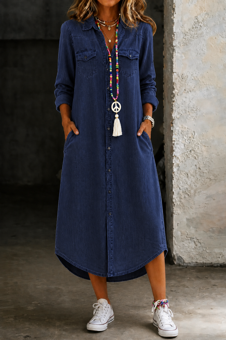 Helen - Casual Elegante Lange Denim Shirt Jurk