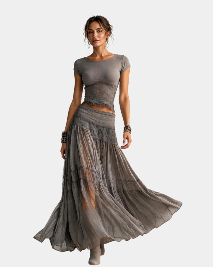 Emeline - Set van top met kant en maxi plissé rok