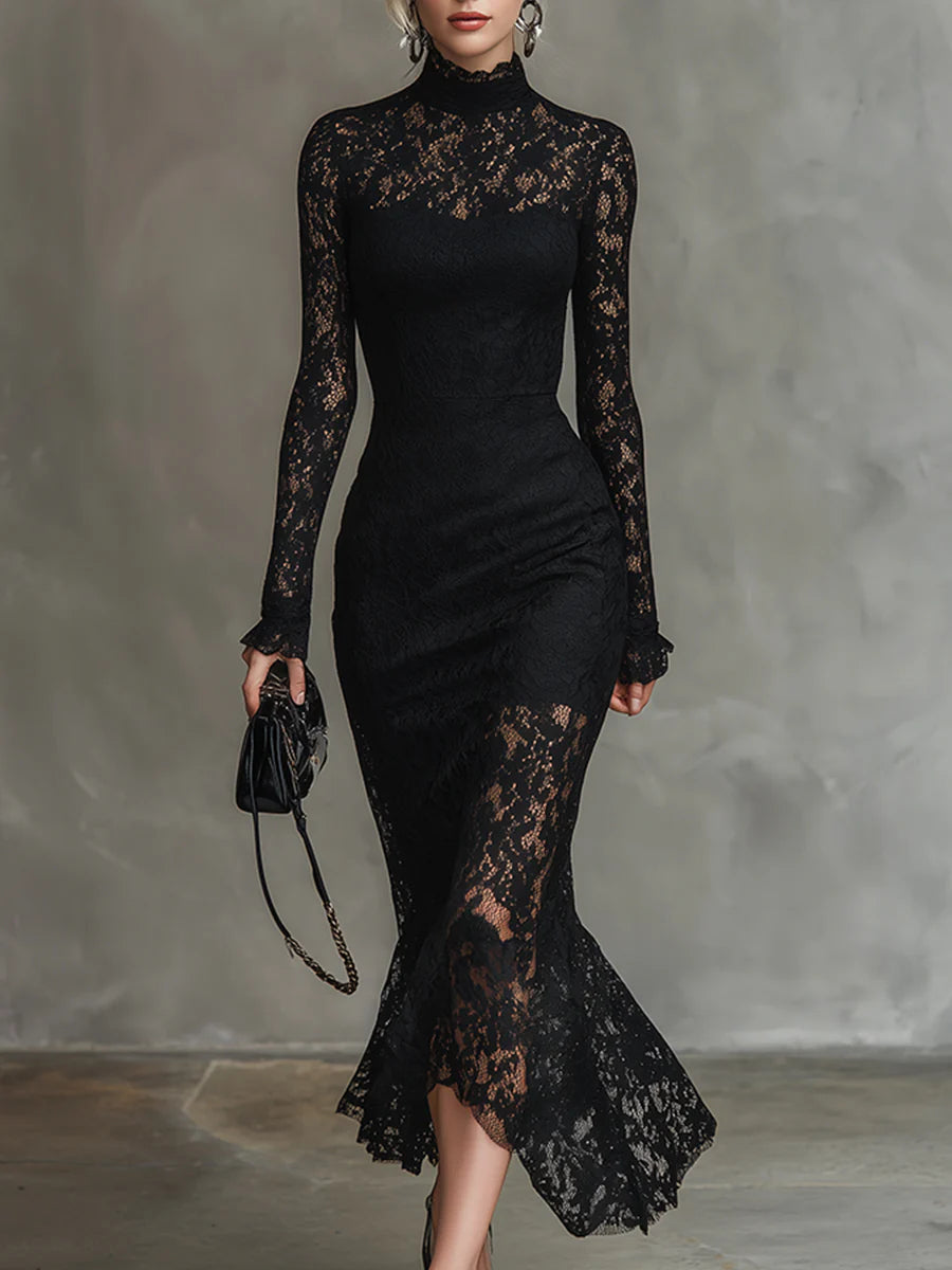 Elegante Zwarte Stretchy Kant Fishtail Maxi Jurk - Elegante Zwarte Stretchy Kant Fishtail Maxi Jurk