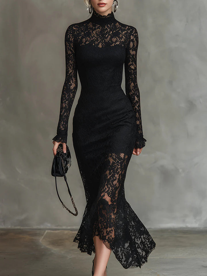 Elegante Zwarte Stretchy Kant Fishtail Maxi Jurk - Elegante Zwarte Stretchy Kant Fishtail Maxi Jurk